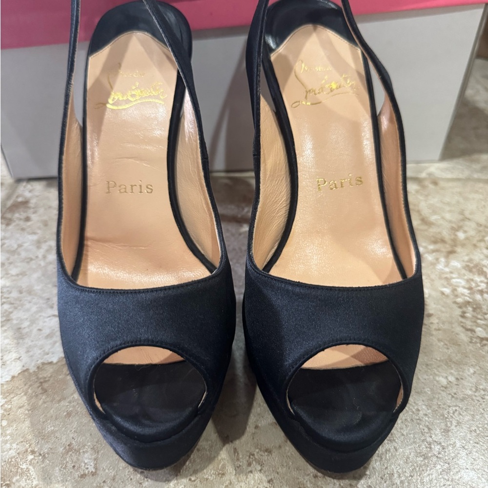 Christian Louboutin Satin Black Peep-Toe Heels